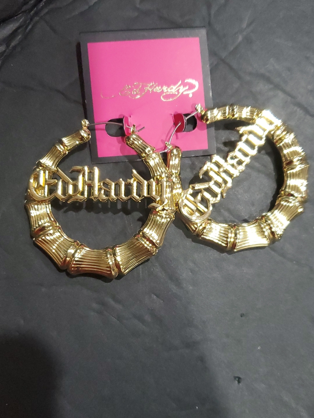 Ed Hardy gold plated classic bamboo style hoop Ed hardy monogram earrings NEW